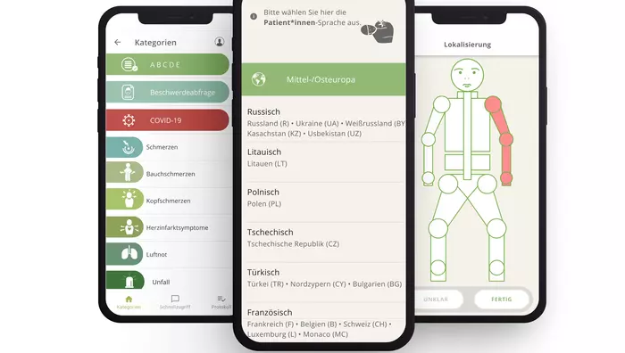 Auf dem Bildschirm eines Mobiltelefons ist die aidminutes.rescue-App mit den Ansichten Kategorien, Sprache und Lokalisierung am menschlichen Körper zu sehen