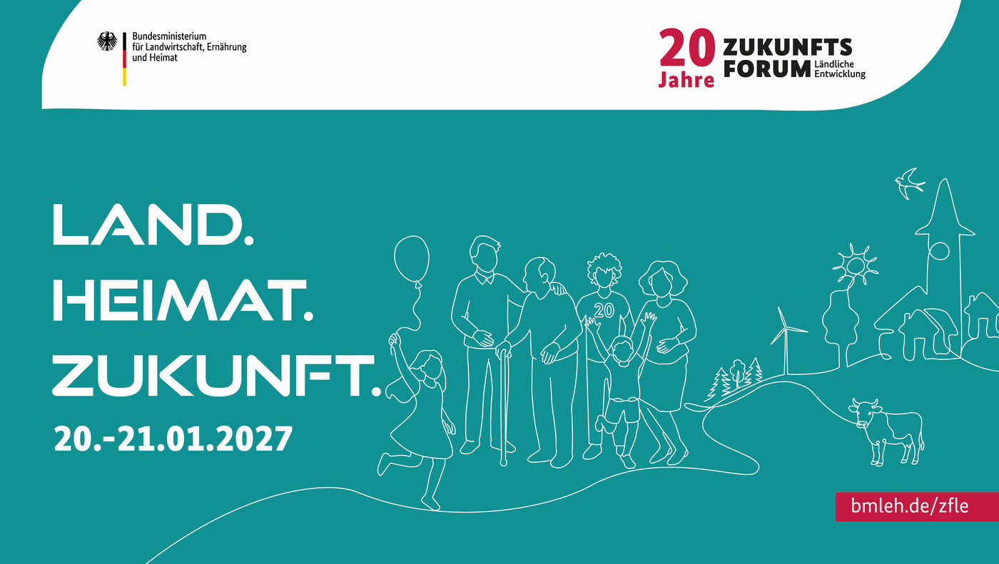 Grafik zum 20. Zukunftsforum Ländliche Entwicklung 2027 unter dem Motto "Land.Heimat.Zukunft"