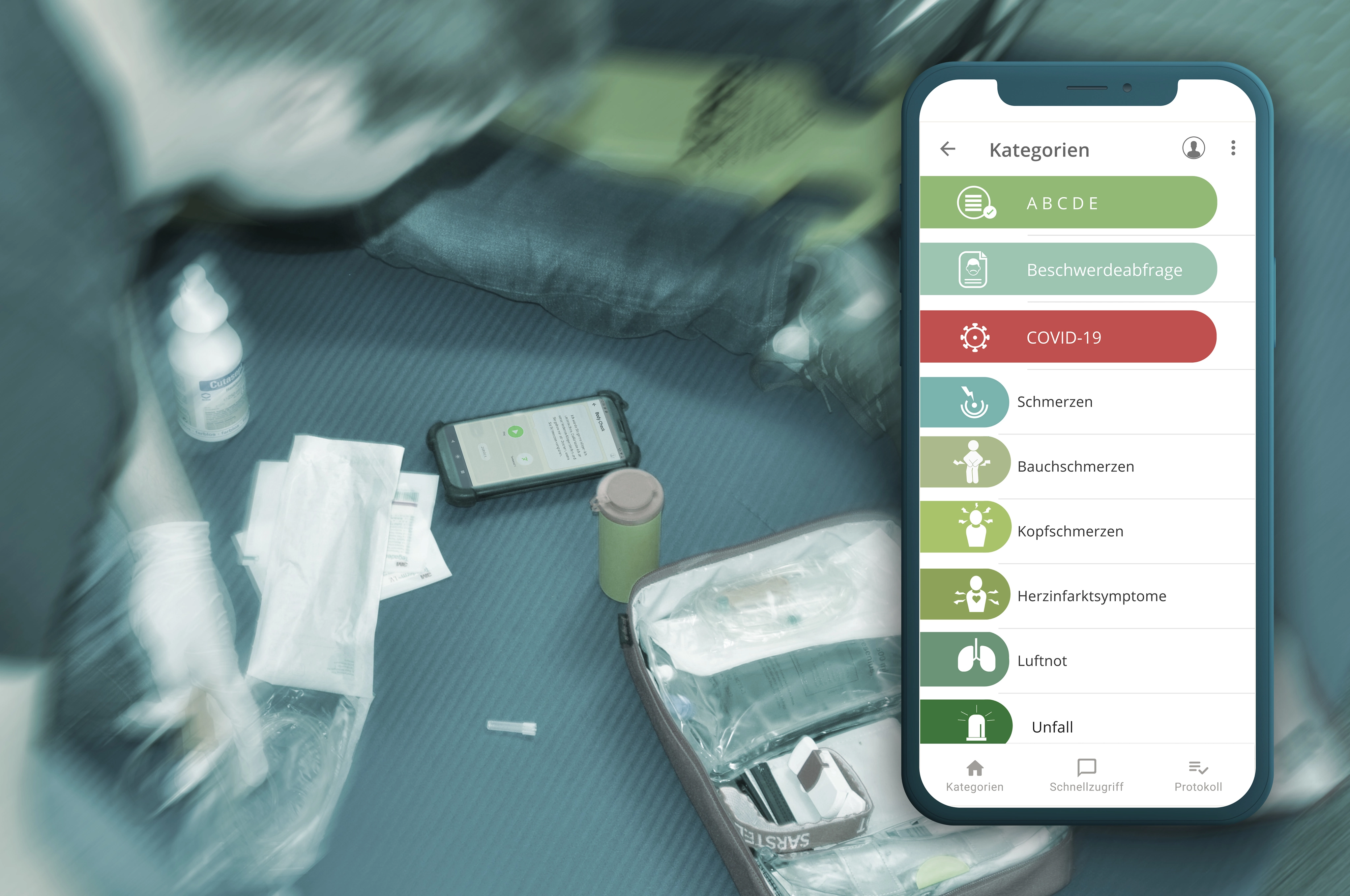 Auf dem Bildschirm eines Mobiltelefons ist die Ansicht der aidminutes.rescue-App zu sehen 