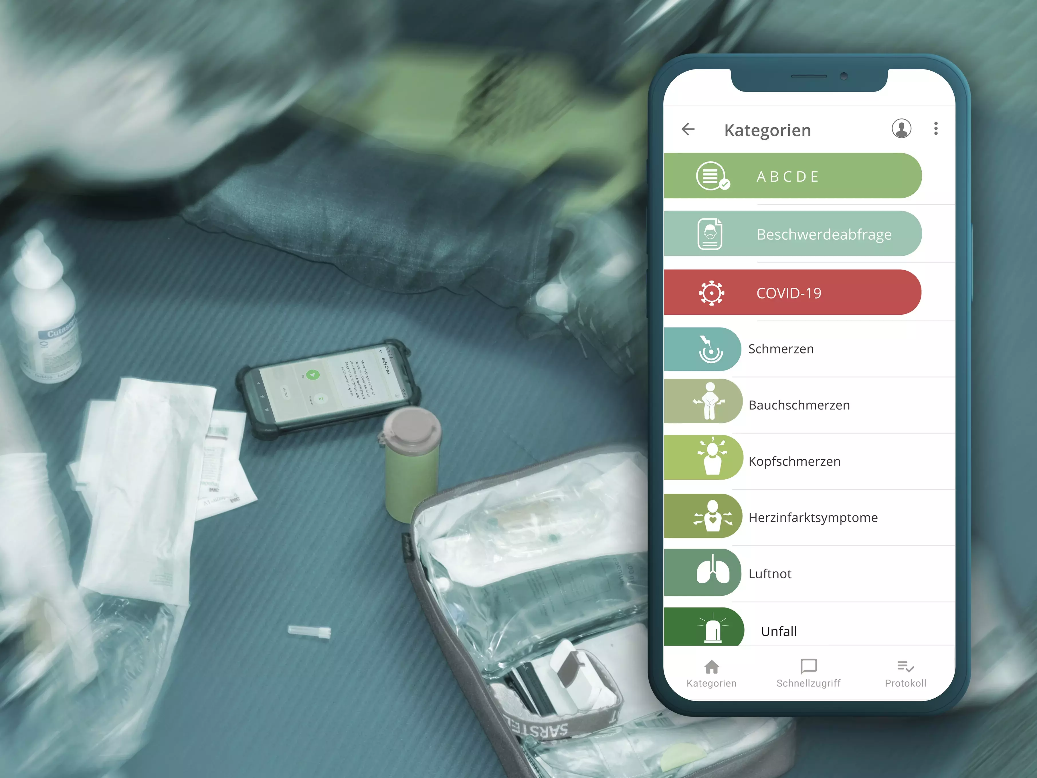 Auf dem Bildschirm eines Mobiltelefons ist die Ansicht der aidminutes.rescue-App zu sehen 