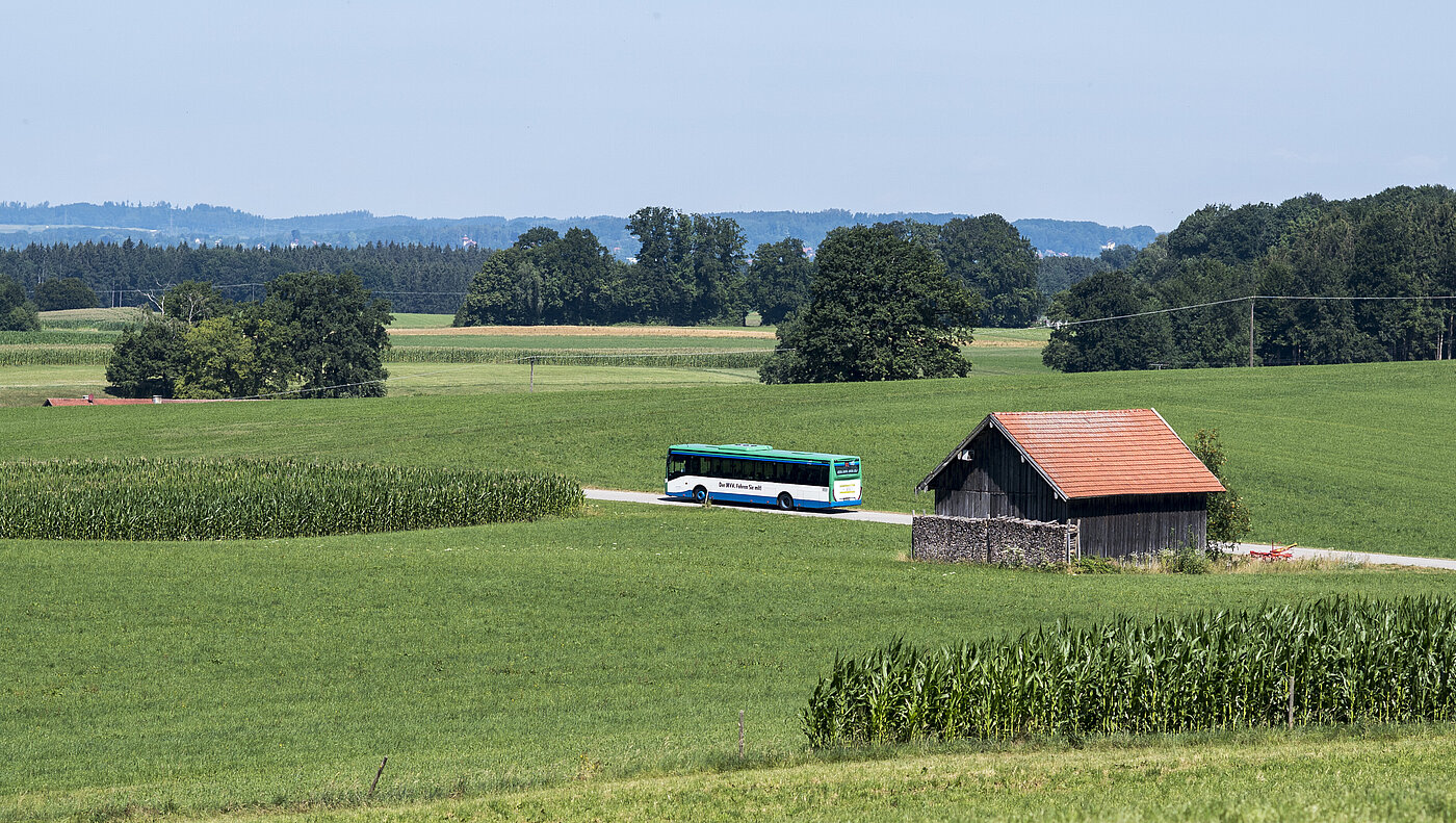 Ein Bus fährt auf einer Straße entlang einer grünen Landschaft