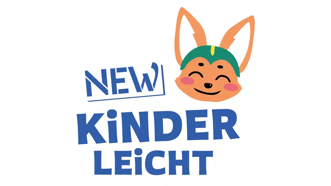 Zu sehen ist der Kopf des Maskottchens der App Fuchs Fritzi. Daneben steht der blaue Schriftzug NEW Kinderleicht.