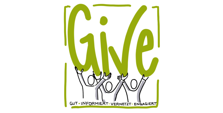 Das Logo des Projekts zeigt drei skizzierte Oberkörper, die die Hände nach oben strecken und Buchstaben GIVE hochhalten. Diese stehen für: Gut informiert - vernetzt engagiert.