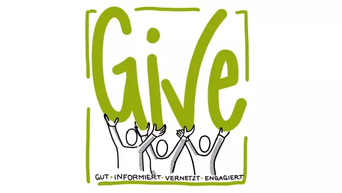 Das Logo des Projekts zeigt drei skizzierte Oberkörper, die die Hände nach oben strecken und Buchstaben GIVE hochhalten. Diese stehen für: Gut informiert - vernetzt engagiert.