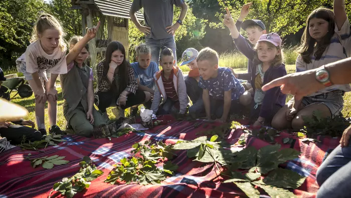 Kinder sitzen im Freien und interagieren