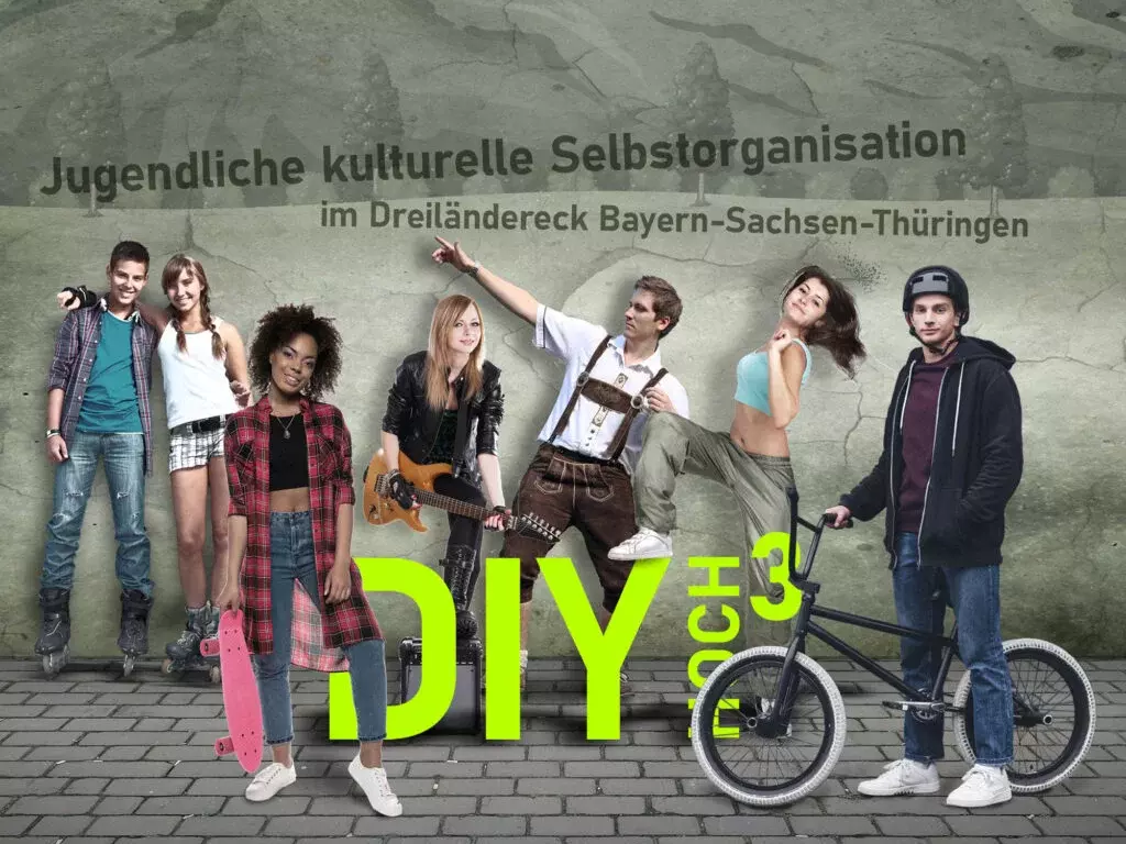 Das Logo des Projekts "DIYhoch3" zeigt verschiedene Jugendliche, u.a. mit Skateboard, Gitarre und einem BMX-Rad