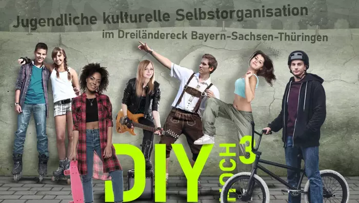 Das Logo des Projekts "DIYhoch3" zeigt verschiedene Jugendliche, u.a. mit Skateboard, Gitarre und einem BMX-Rad