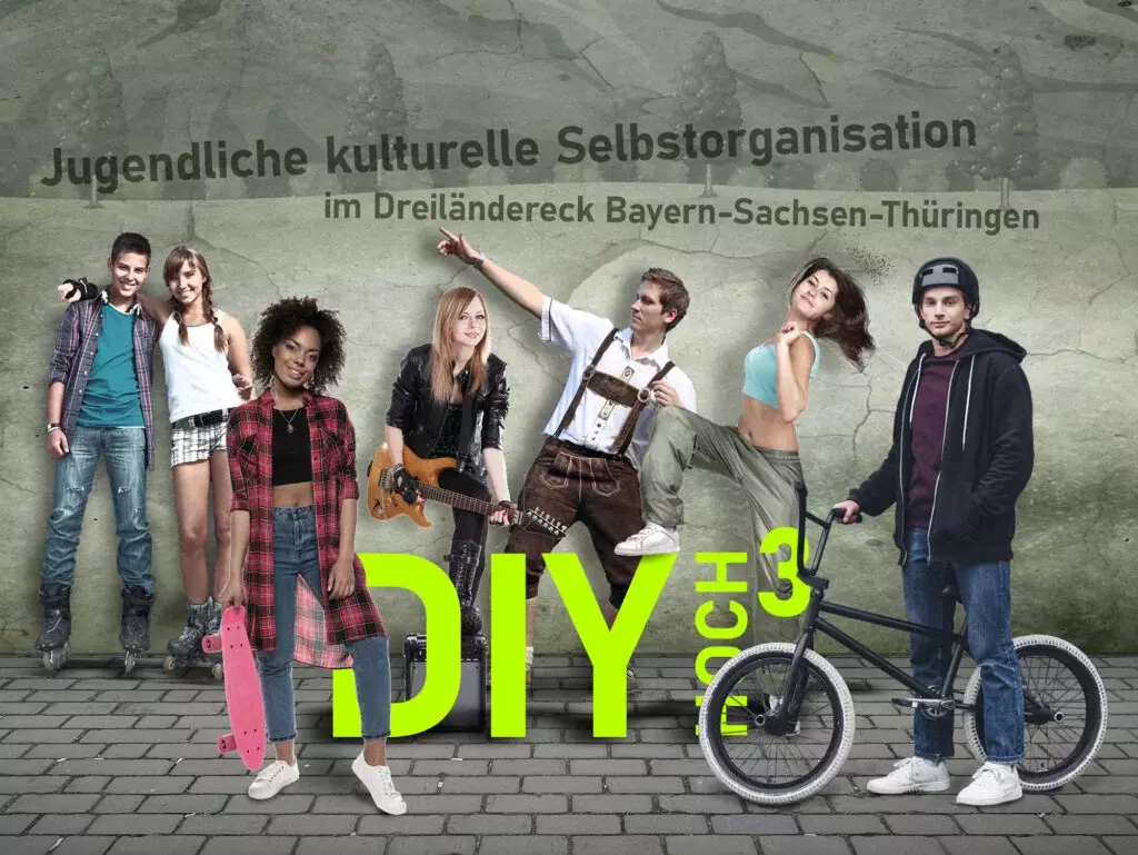 Das Logo des Projekts "DIYhoch3" zeigt verschiedene Jugendliche, u.a. mit Skateboard, Gitarre und einem BMX-Rad